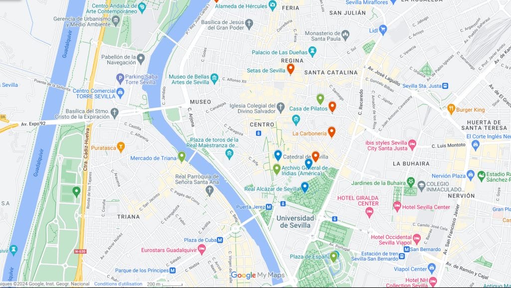 carte seville itineraire visite 3 jours
