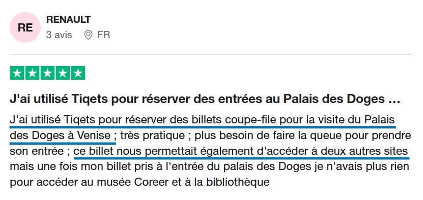 Avis Venise Digital Pass client trustpilot