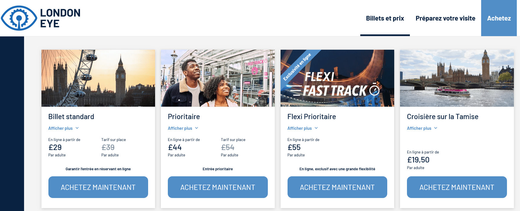 Les différents billets pour le London Eye