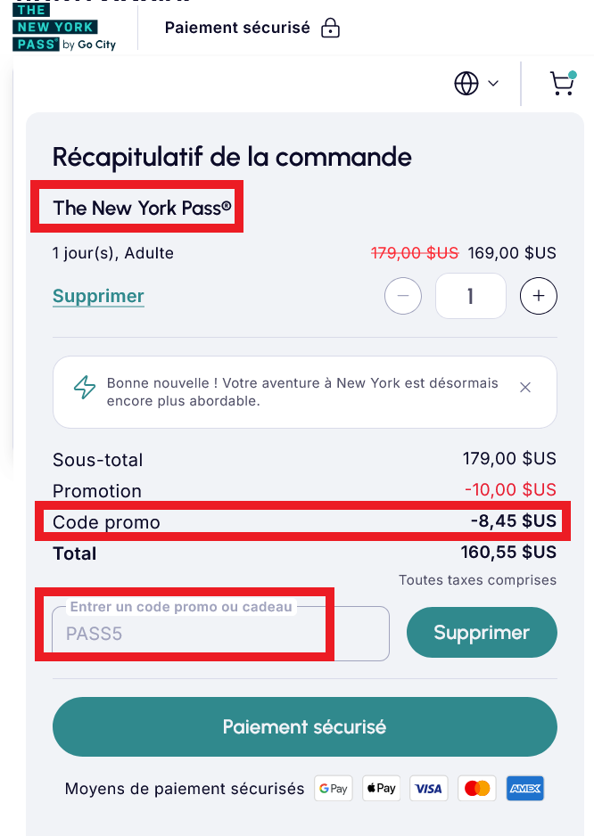 activer code promo The New York Pass panier