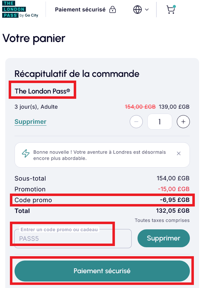 activer code promo the london Pass panier